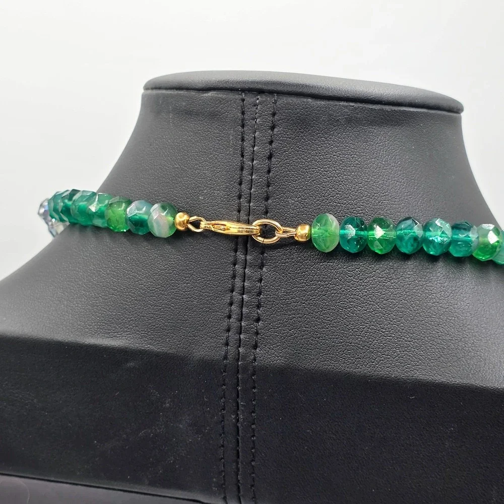 Chunky Beaded Necklace Blue Green Crystal Faceted Beads Gold Clasp Fashion Jewel